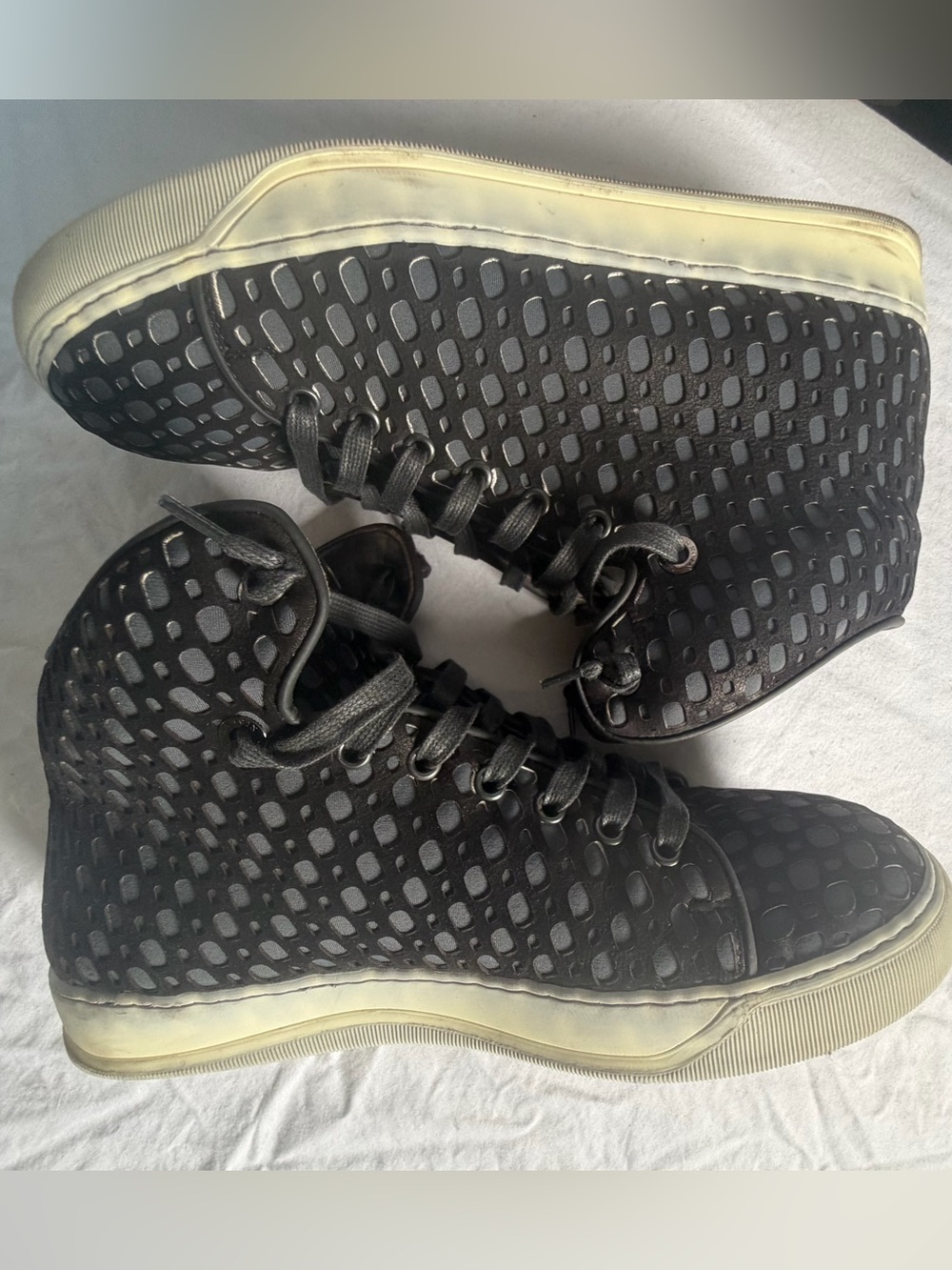 Lanvin Black High-Top Perforated Sneakers with Cream Sole